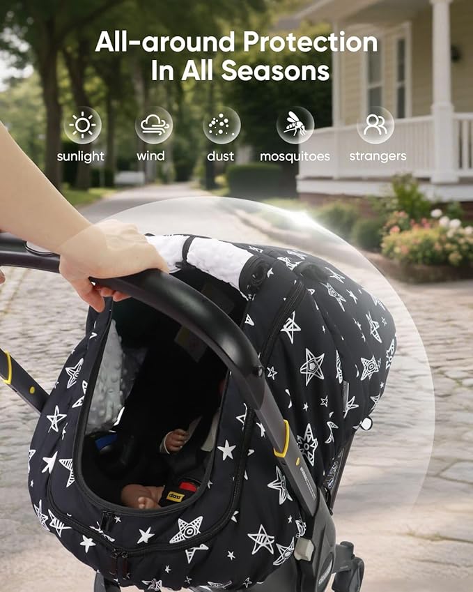 Car Seat Cover Baby Boy, Infant Car Seat Canopy Outdoor, 2 Layers with Mesh and Sun Shade Window for Summer Winter, Easy Acce