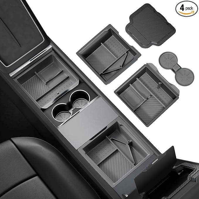 REEVAA Center Console Organizer for Tesla Model Y Juniper 2025-2026 (Premium & Performance), Model 3 Highland 2024-2026 All Trims [Dual-Tier Storage, Seamless Fit], Premium Silicone Liner, 4PCS, Grey
