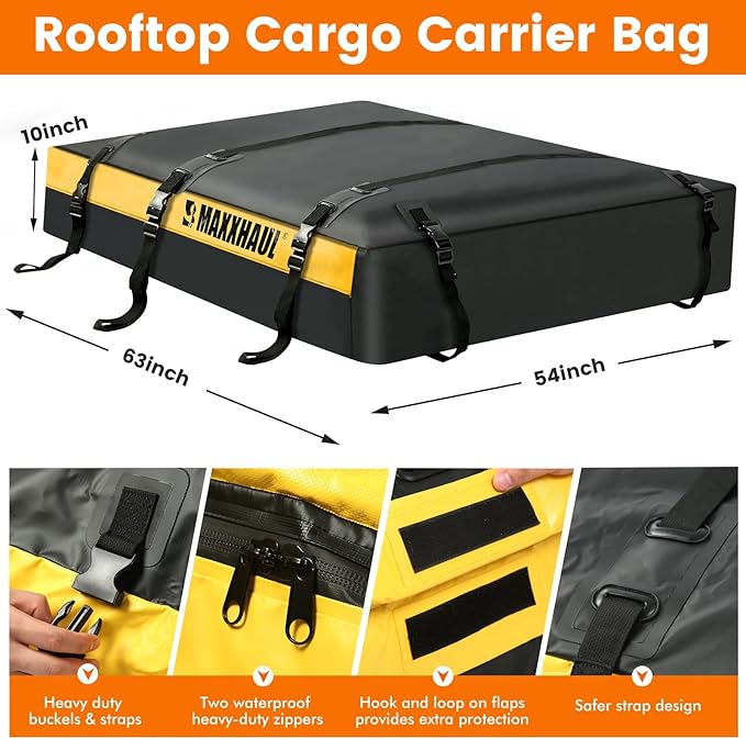 MaxxHaul 50853 Truck Platform Rack Rooftop Cargo Carrier Bag, 20 Cu Ft (63″ L × 54″ W × 10″ H), Heavy-Duty PVC, Weather-Resistant with Lockable Zipper & Full Strapping System