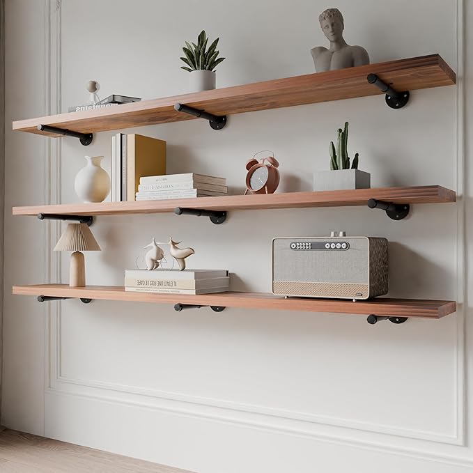 Industrial Pipe Wall Wood Shelves,Real Wooden Shelves 72" in Special Brown Color with 1.2" Extra Thickness, Modern Floating S