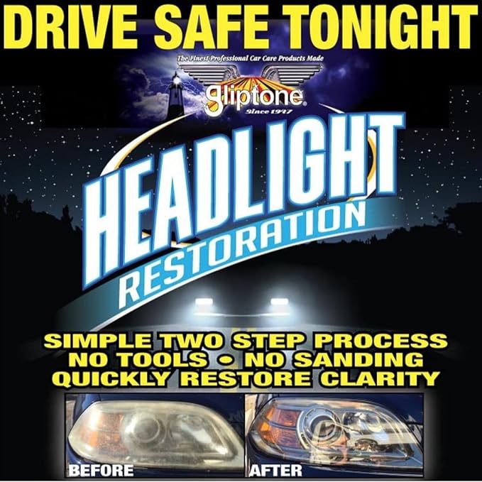 Gliptone Headlight Restoration Kit, No Sanding or Tools Required, Restores Yellowed and Cloudy Headlights, Improves Night Vis