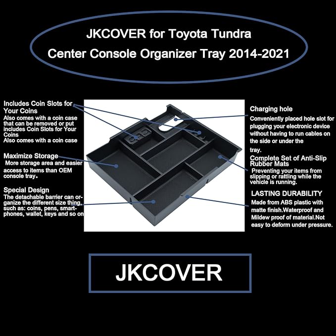 JKCOVER Compatible with Center Console Organizer Tray Toyota Tundra 2014 2015 2016 2017 2018 2019 2020 2021 Tundra Accessories,Insert ABS Black Materials Armrest Box Secondary Storage