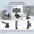 CNC Machined 3in Camera Suction Cup Mount with Adjustable Magic Arm, 1/4" ARRI Holes Quick Release Car Mount with Phone Holder & Action Camera Adapter Compatible with DJI OSMO Pocket 3 Insta360 iPhone