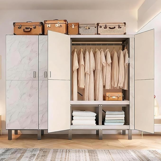 Freestanding Heavy Duty Wardrobe Closet with Magnetic Door, Portable Metal Closets, Foldable Wardrobecloset Organizers and St