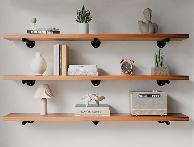 Industrial Pipe Wall Wood Shelves,Real Wooden Shelves 48" in Special Brown Color with 1.2" Extra Thickness, Modern Floating S