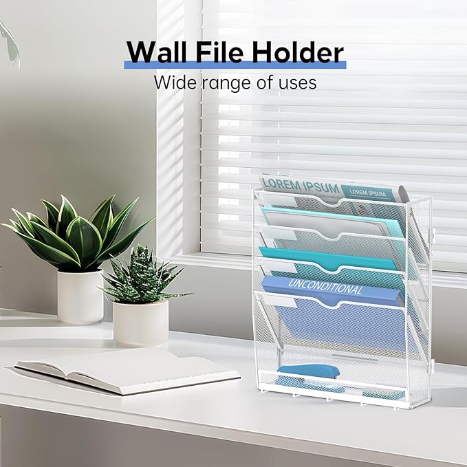 5 Tier Wall File Organizer - Hanging File Organizer with 5 Hooks, Mail Holder Wall Mounted for Papers, Folders, Magazines, Bi