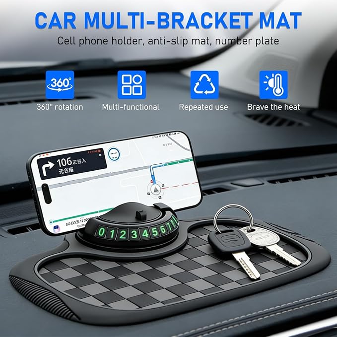 Multifunction Car Anti Slip Mat,Multi-Functional Support Anti-Slip Pad,360° Rotatable Phone Holder Car Dashboard Mat with Tem