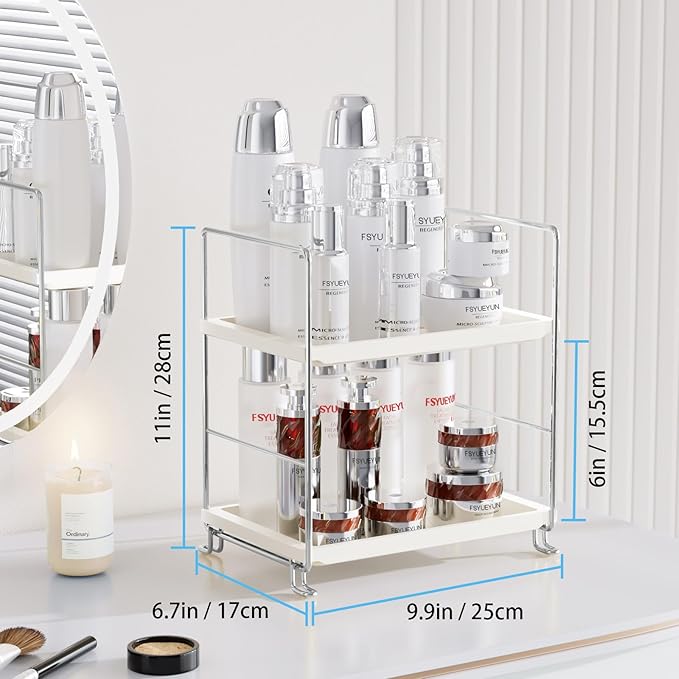 FSyueyun 2-Tier Bathroom Countertop Organizer, Tool-Less Installation Premium Plastics Makeup Shelf Organizer Perfume Skincar