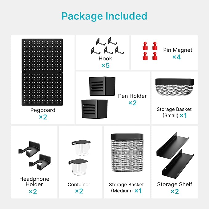 PEGZONE Pegboard Wall Organizer Combination Kit,Overall 33.1"x20.5" Metal Office Pegboard with 19 Accessories, Wall Mounted P