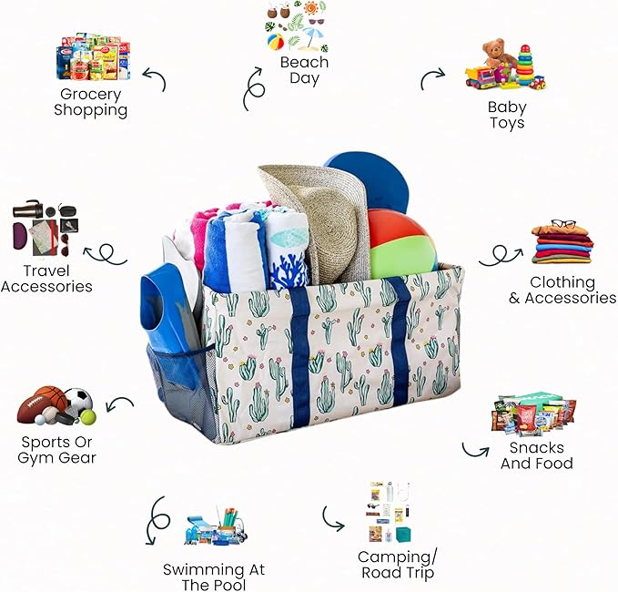 Extra Large Utility Tote Bag, Oversized Collapsible Reusable Wire Frame Rectangular Canvas Basket With Two Exterior Pockets For Beach, Pool, Laundry, Car Trunk, Storage - Cactus White