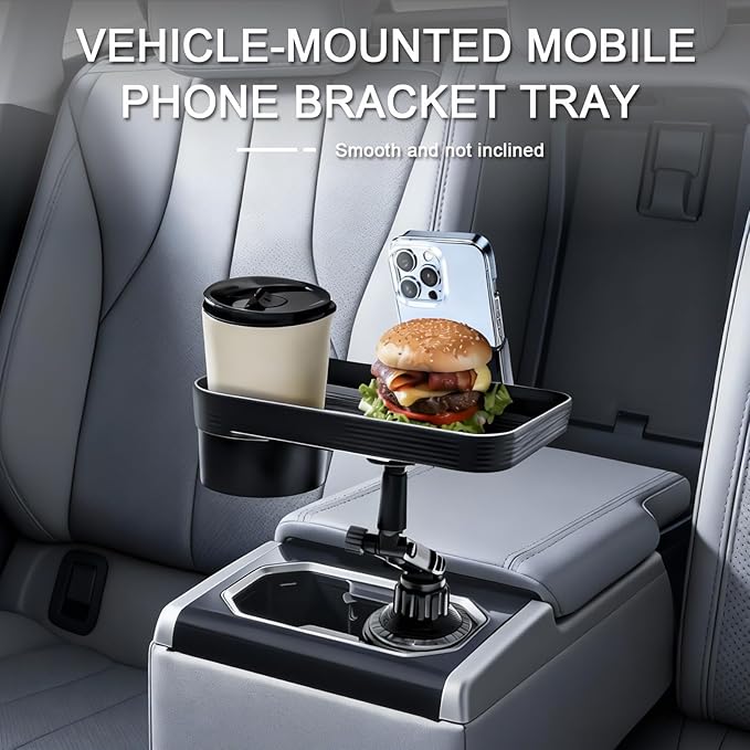 Car Cup Holder Tray, 10 Inch 3 in 1 Detachable Car Food Tray with 360° Rotating Phone Holder, Cup Holder Expander Adapter Fits Yeti Hydro Flask 16-46 oz, Road Trip Car Essentials