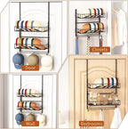 Over Door Hat Organizer 3 Tier Wall Mounted Hat Rack with 2 Adjustable Metal Basket and 3 Hooks Hat Organizer for Baseball ca
