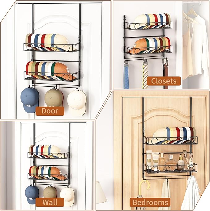 Over Door Hat Organizer 3 Tier Wall Mounted Hat Rack with 2 Adjustable Metal Basket and 3 Hooks Hat Organizer for Baseball ca