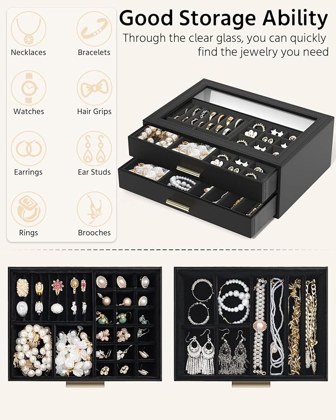 AKOZLIN Jewelry Box with Clear Lid Functional Leather Jewelry Storage Organizer Case 2 Drawers for Women Girls Necklace Ring 