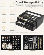 AKOZLIN Jewelry Box with Clear Lid Functional Leather Jewelry Storage Organizer Case 2 Drawers for Women Girls Necklace Ring 