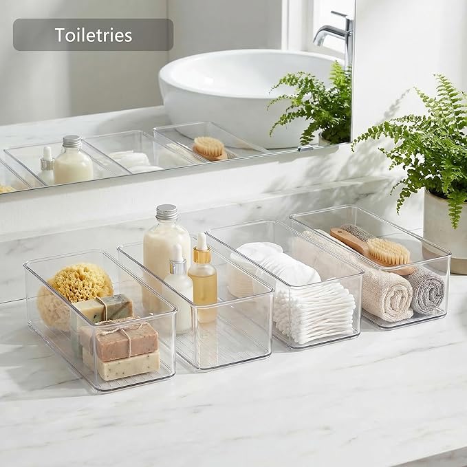 Qilinba 8 PACK Drawer Organizer Bins Bathroom Deep Drawer Organizer Tray for Cutlery Vanity Make-up, Clear Stackable Storage 