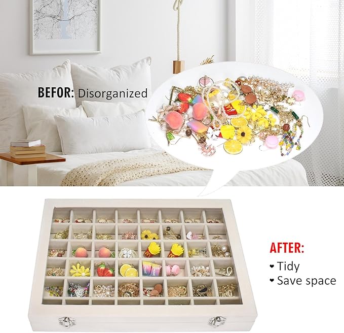 Vicoter Velvet Jewelry Tray 48 Compartments Jewelry Display Organizer with Transparent Cover Rings, Earrings, Necklaces, Pend