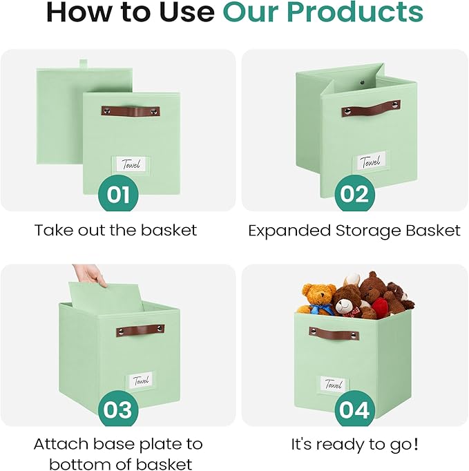 FinishingBo 6-Pack Storage Cubes with Handles & Label Holders Basket, Closet Cube Home Organizer Bins(Green, 10.5*10.5*11 inc