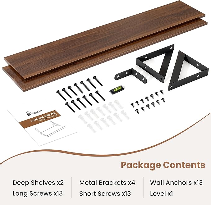 Axeman 40 Inch Floating Shelves | 8 Inch Deep Walnut Wall Shelves Set of 2 | 39.4W x 8D Rustic Wood Shelves for Bookshelf Liv