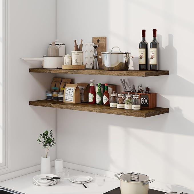 Dreamland 48" Floating Shelves for Wall, 12" Deep Slim Rustic Brown Floating Shelves, Wall-Mounted Shelves for Bedroom, Livin