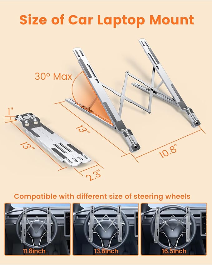 Steering Wheel Laptop Holder for Car SUV Pickup Truck Tesla Vehicle Workstation, Adjustable Foldable Portable iPad Tablet Laptop Stand for Desk, Tiktok Car Travel Essentials 2026 -Silver
