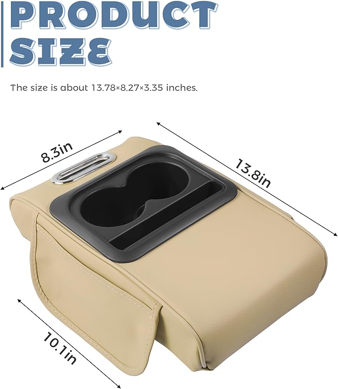 Car Armrest Storage Box,Car Accessories Console Organizers and Storage,Universal Waterproof Leather Console Cover with Cup Holder and Phone Holder,Suitable for Most Cars (Normal, Beige)