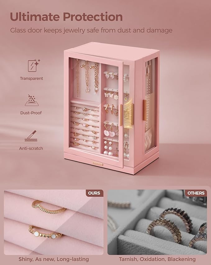 Glimmloop 360° Rotating Jewelry Box with 7 Drawers, Spacious Vertical Jewelry Organizer with Glass Window, Jewelry Storage Ca