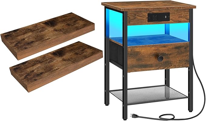HOOBRO Floating Shelves and Nightstand Bundle, Wall Mounted Shelf Set of 2, End Table with Charging Station, BF40BJ01-BF209UD