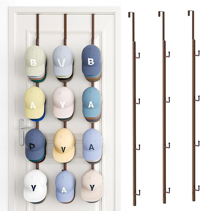 SWTYMIKI Over Door Hat Rack - 3 Packs Metal Hanging Hat Organizer with 12 Hooks Design, Baseball Cap Hanger Organizer Storage