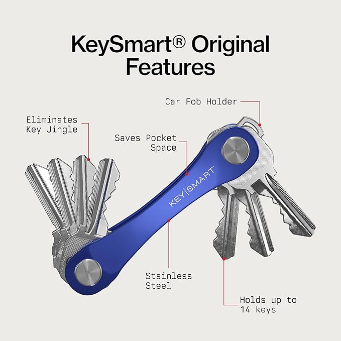 KeySmart Original Key Holder - Compact Key Organizer for Key Chain, Minimalist Clutter-Free EDC Keychains Key Ring, Blue, 14 