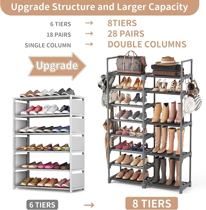 ROJASOP Shoe Rack, Shoe Storage Organizer for Closet Entryway Garage Bedroom, 8 Tier Tall Metal Shoe Shelf for 26-32 Pairs Bo