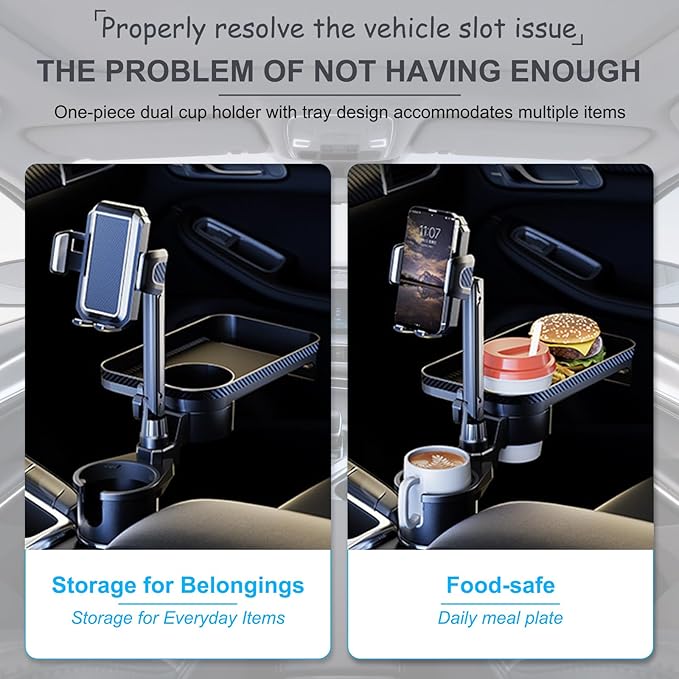 Car Cup Holder Tray, 4 in 1 Drink Holder Expander with Expandable Food Tray Table, for Road Trip Essentials & Daily Commute (