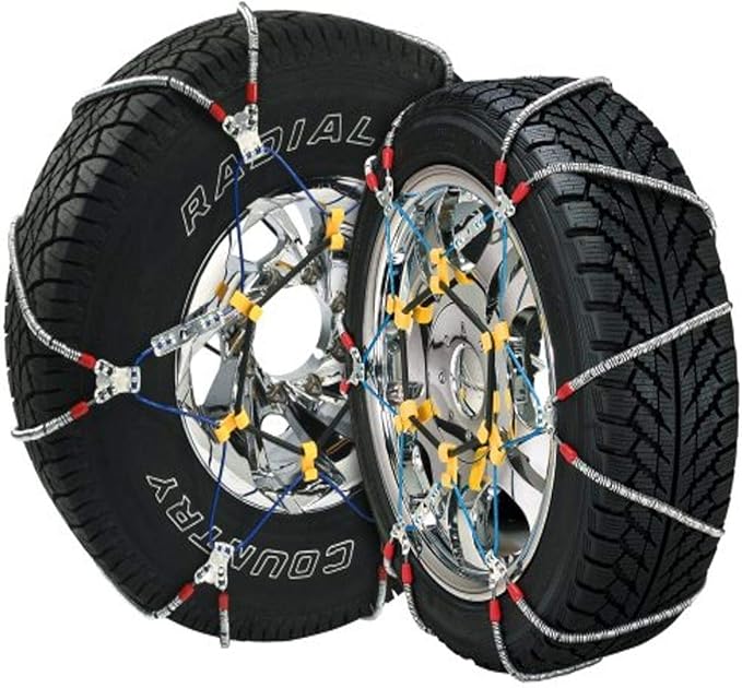 SCC Super Z6 Cable Tire Chain for Cars, Pickups, and SUVs - Set of 2 & SCC Tire Traction Chain Rubber Tightener - Set of 2