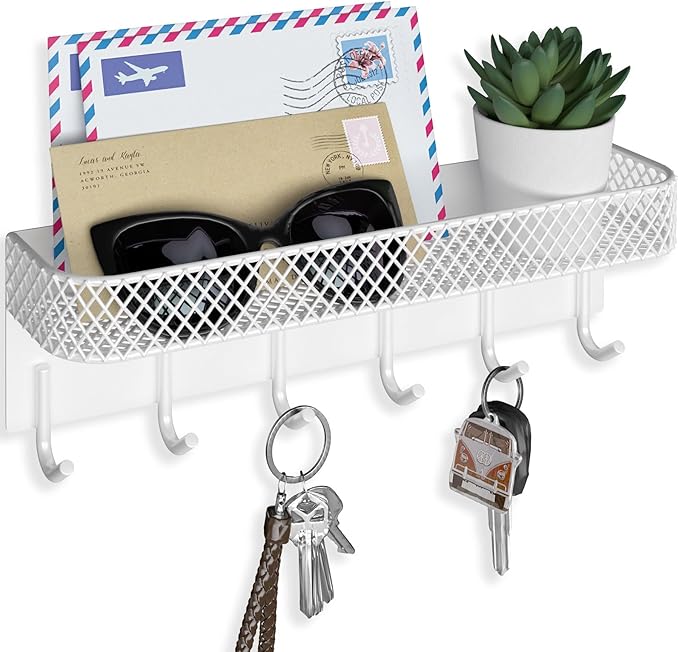 Lwenki Key Holder for Wall – Decorative Stainless Steel Key Hanger with 6 Hooks for Hats, Bags, Leashes – Mail Holder Key Rac