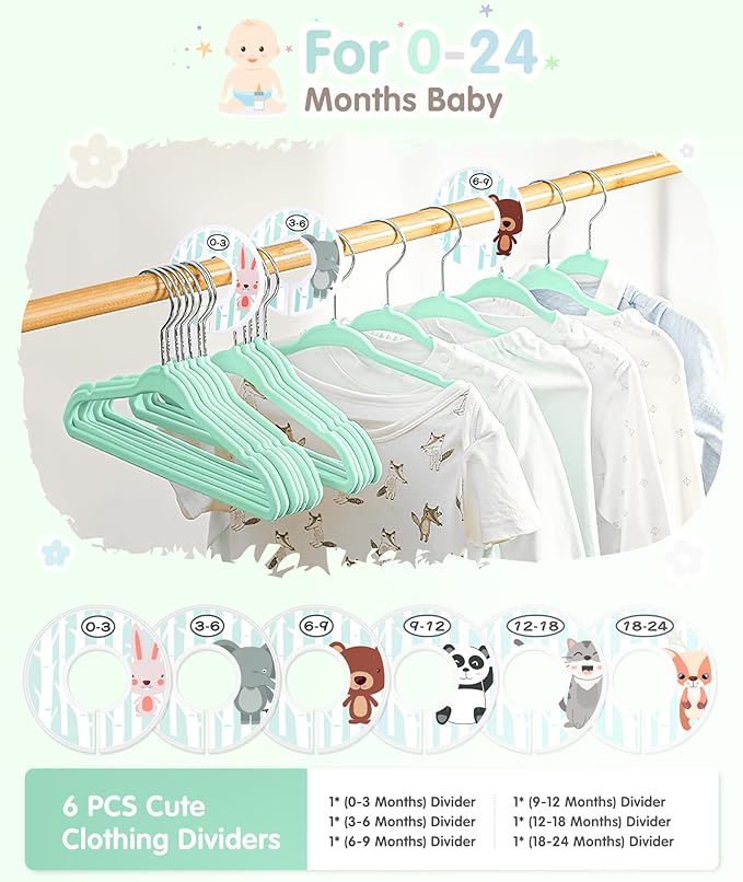VIS'V Baby Hangers, 11 Inch Velvet Kids Hangers with 6 Pcs Clothes Size Dividers, Infant Toddler Nursery Closet Organization,