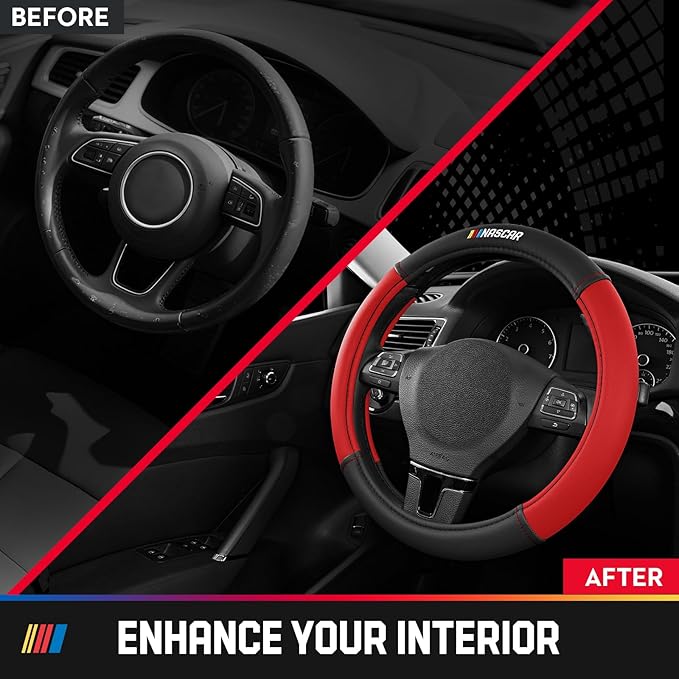 NASCAR Steering Wheel Cover, Two-Tone Red Leather Patchwork, Universal Fit 14.5"-15.5" Steering Covers for Cars, Anti-Slip, S