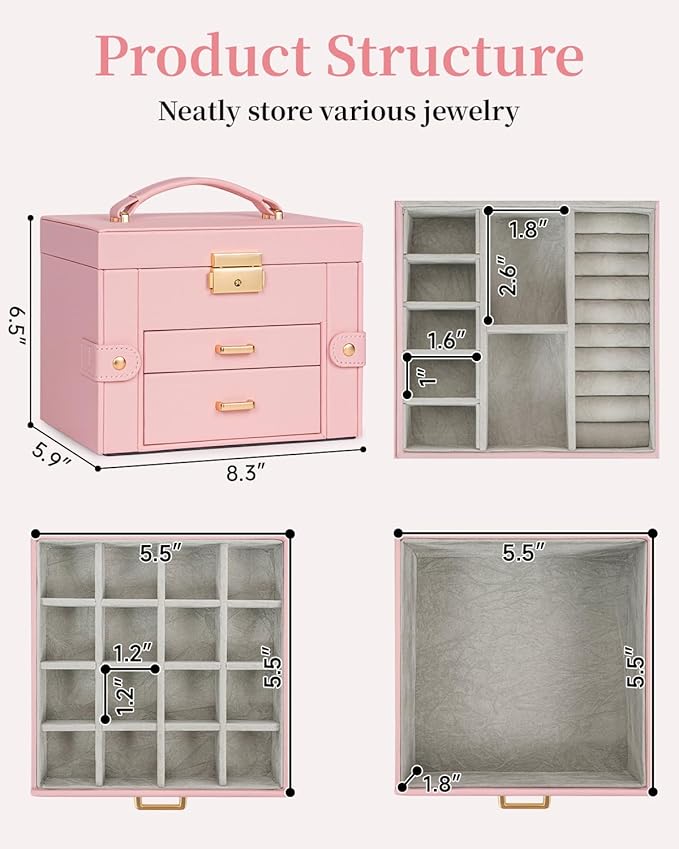 TORIBIO Jewelry Box for Women, Leather Jewelry Organizer with Mirror & Lock, 3-Tier Jewelry Storage Organizer with 2 Drawers 