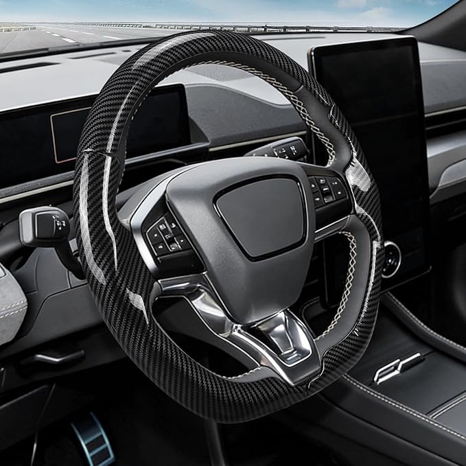3-Piece Carbon Fiber Steering Wheel Cover for Ford Mustang Mach-E 2021-2026, Custom Fit Clip-On Quick Installation Ultra-Thin Interior Car Accessories for Men Women(Gloss Black)