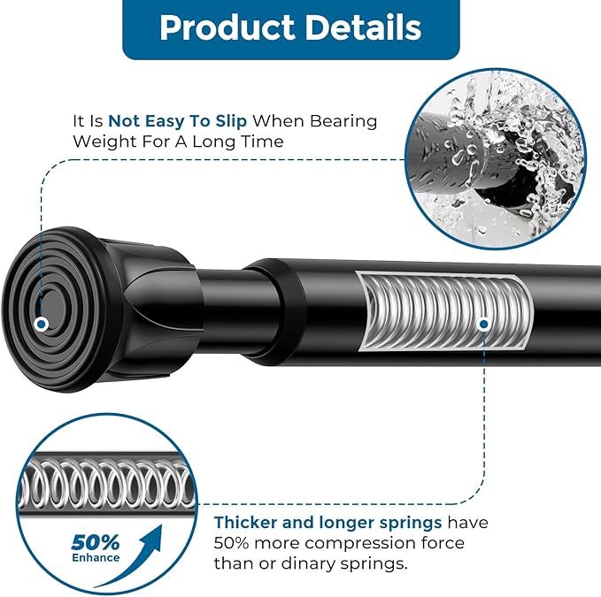 AIZESI 6PCS Tension Curtain Rod 16 to 28 Inch Black No Drilling Adjustable Spring Curtain Rods for Window, Doorway, Closet, K