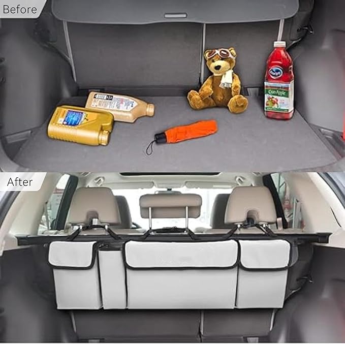 Car Trunk Organizer, Backseat Hanging Large Storage with Adjustable Straps,Waterproof PVC Collapsible Cargo Bag, Car Interior