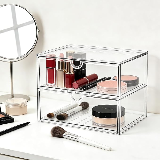 Prsildan Acrylic Makeup Organizer, 2 Pack Stackable Clear Storage Drawers for Baby Bottles Desk Organizers with 2 Drawers for