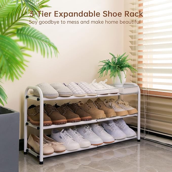 Gonfoam 3-Tier Expandable Shoe Rack,Adjustable Shoe Shelf Storage Organizer Heavy Duty Metal Free Standing Shoe Rack for Entr