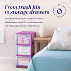HOMZ Drawer Tower, 3-Tier Clear Plastic Storage Organizer Cart, Purple Frame - Rolling Drawer Containers with Wheels for Bath