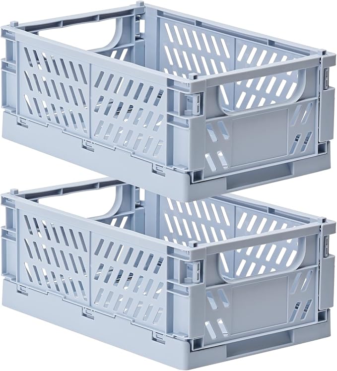 HUUSMOT 2-Pack Small Pastel Plastic Storage Baskets, Collapsible Crates for Organizing, Space-Saving Mini Bins for Classroom,