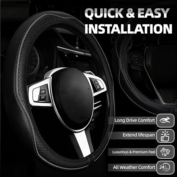 NBTEPEM Microfiber Steering Wheel Cover and Waterproof Car Floor Mats, Universal Fit Most Truck, SUV, Cars, 14.5-15inch Sporty Steering Wheel Covers with Anti-Slip Lining (Black with Gray line)