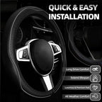 NBTEPEM Microfiber Steering Wheel Cover and Waterproof Car Floor Mats, Universal Fit Most Truck, SUV, Cars, 14.5-15inch Sporty Steering Wheel Covers with Anti-Slip Lining (Black with Gray line)