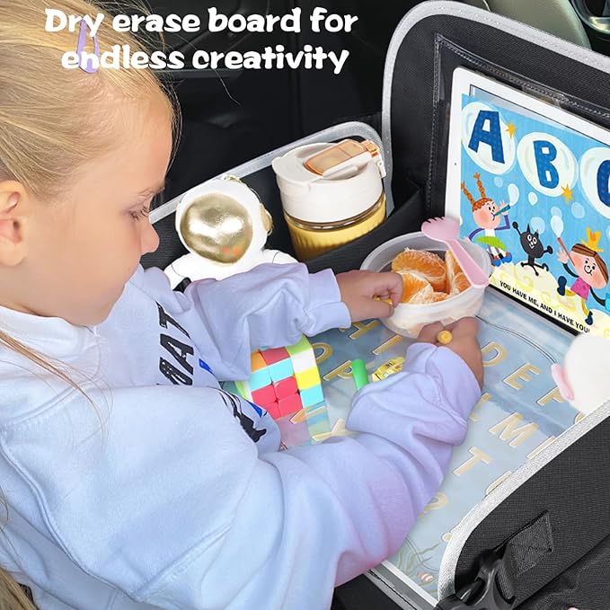 MENZOKE Kids Travel Tray for Toddler Car Seat, Toddler Gift for Boy Activities with Dry Erase Board & iPad Holder Stand, Road