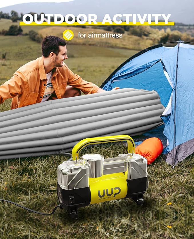 Tire Inflator Air Compressor, 150PSI 12V DC Double Cylinders Heavy Duty Portable Air Pump w/Emergency LED Light for Truck, SUV, Car, RV