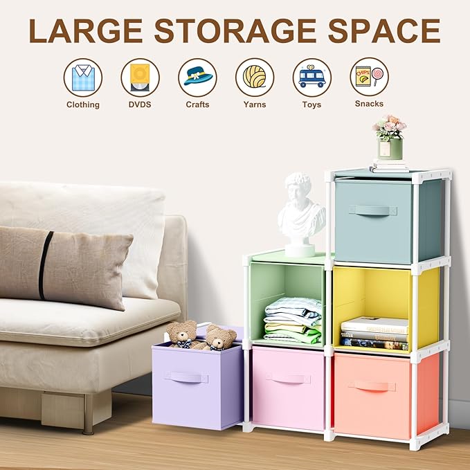 6 Cube Storage Organizer with Shelf Back to School Boxes 11 Inch Toy Storage Bins Closet Organizers Drawers Fabric Dresser fo