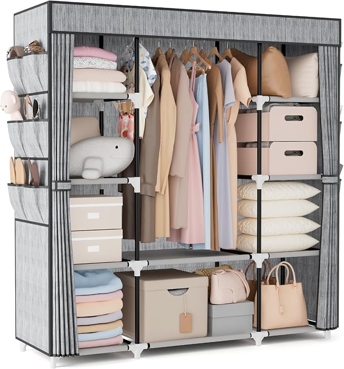 VTRIN Portable Closet Wardrobe for Hanging Clothes 57.3 Inch Large Capacity Clothes Rack with Cover, 10 Storage Organizer She